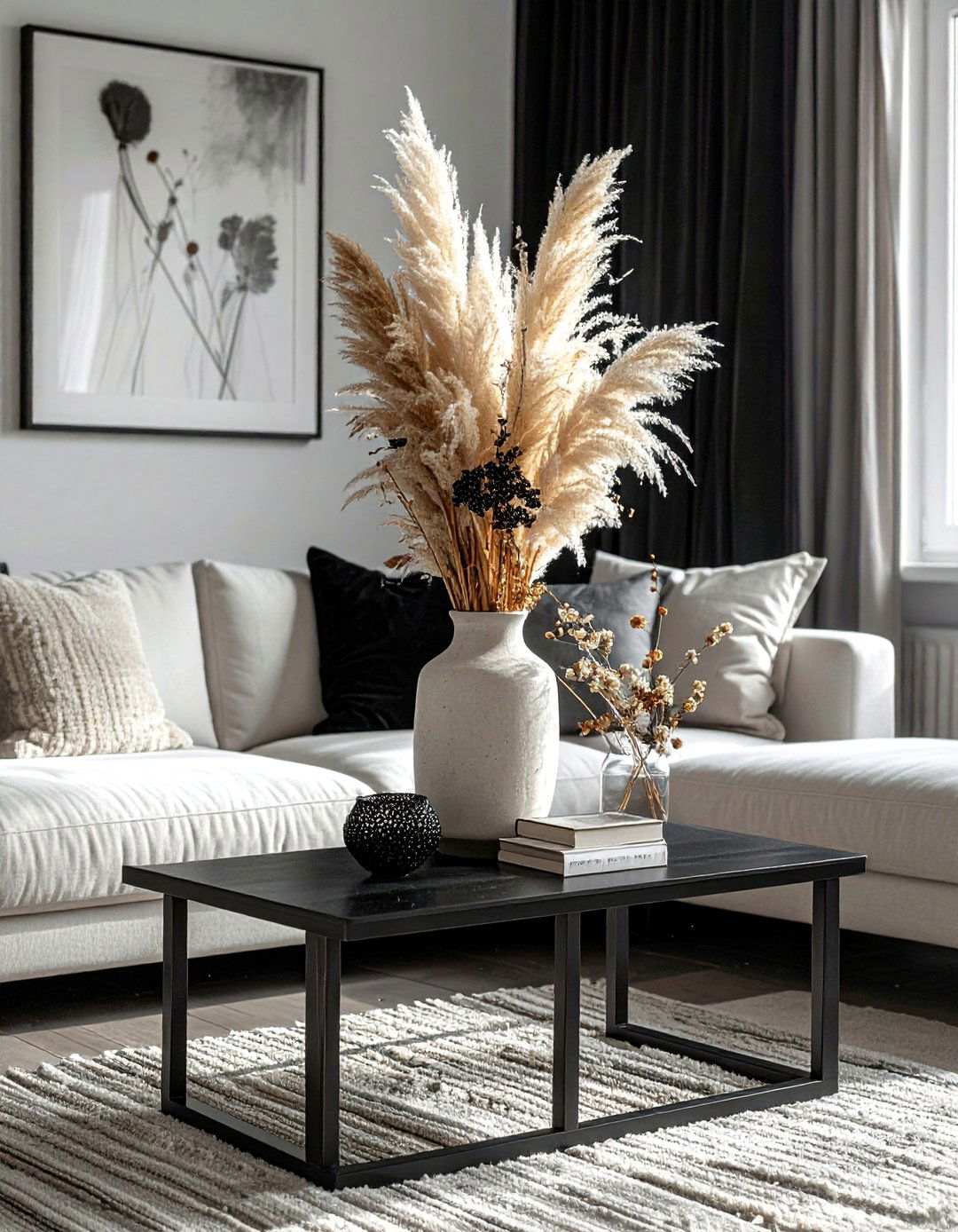 Using Pampas Grass and Dried Florals - 20 Black and White Boho Living Room Ideas for a Cozy Vibe