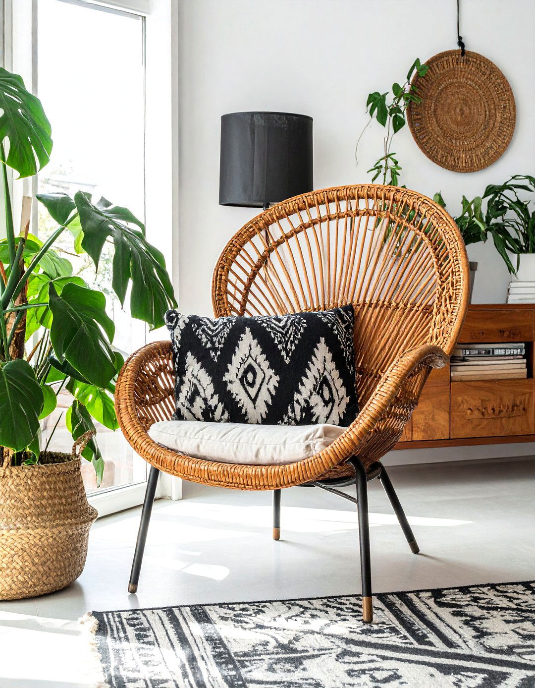 Using Rattan Furniture for Natural Warmth - 20 Black and White Boho Living Room Ideas for a Cozy Vibe