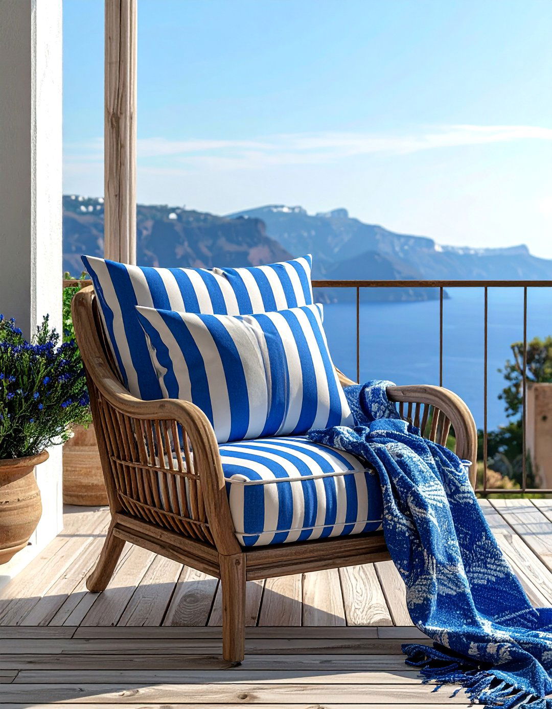 Using Striped Textiles on a Mediterranean Balcony - 20 Mediterranean Balcony Ideas for a Scenic Escape
