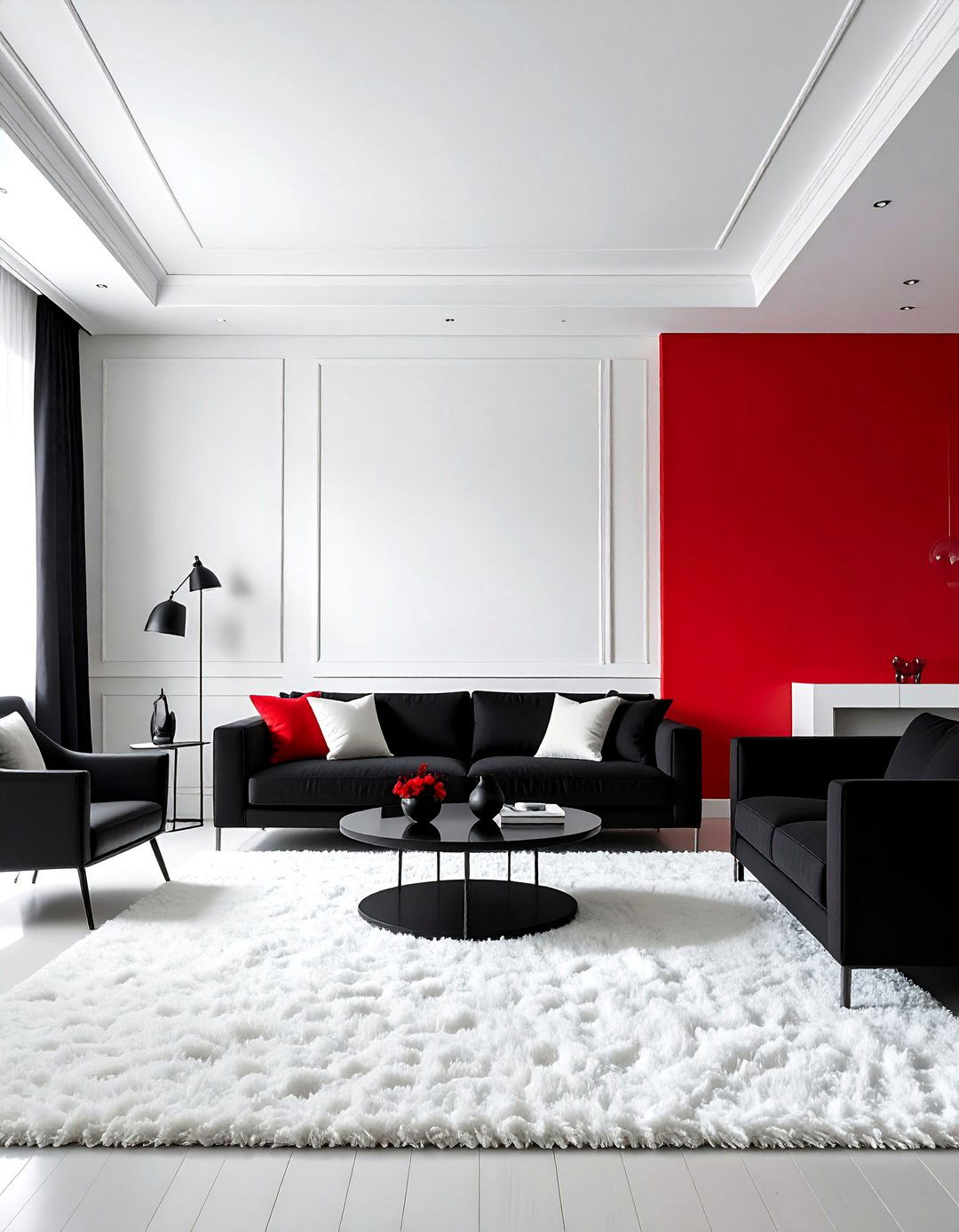 Using White to Balance the Black and Red Palette - 25 Black and Red Living Room Ideas for Bold Interiors