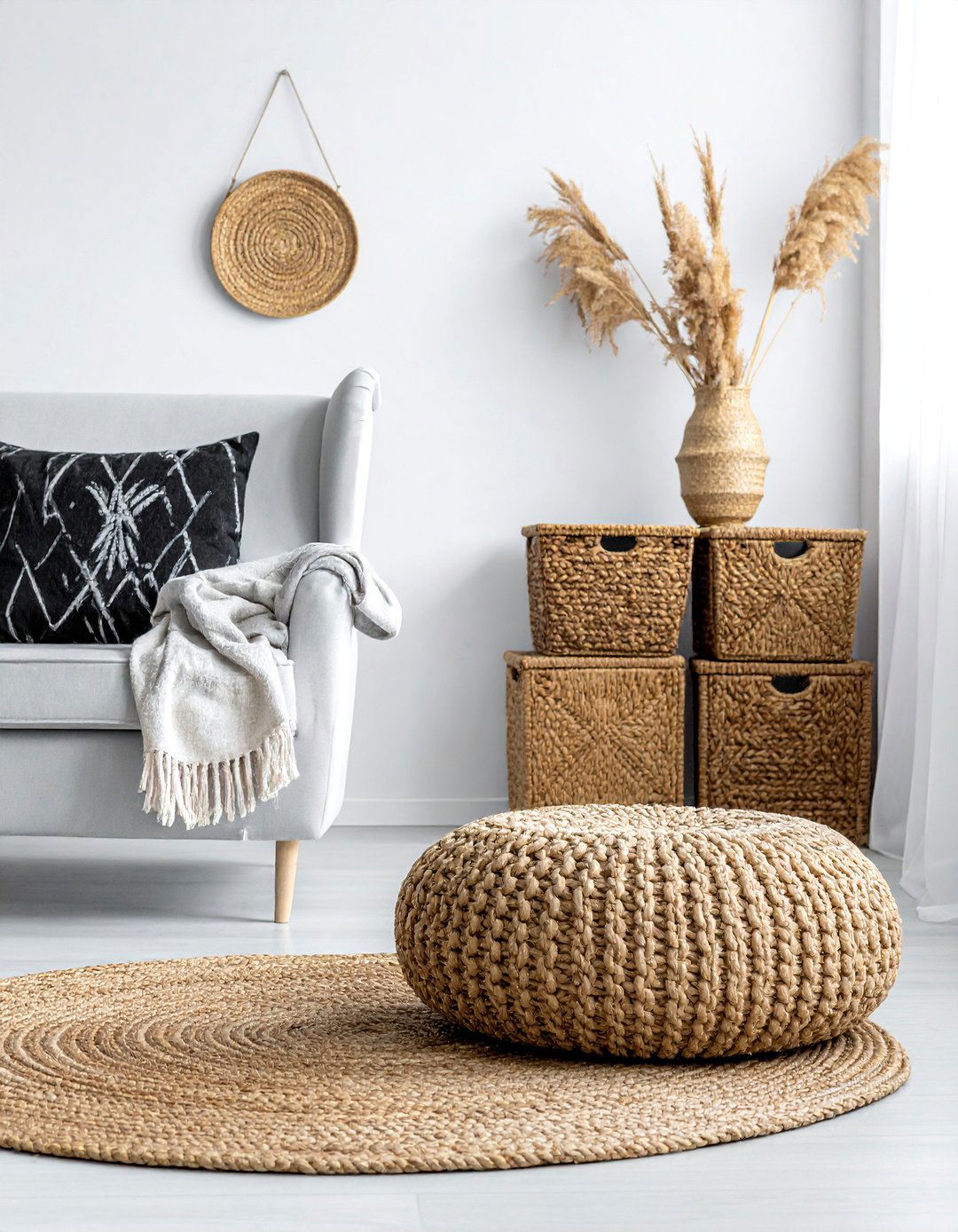 Utilizing Jute and Sisal Textures - 20 Black and White Boho Living Room Ideas for a Cozy Vibe
