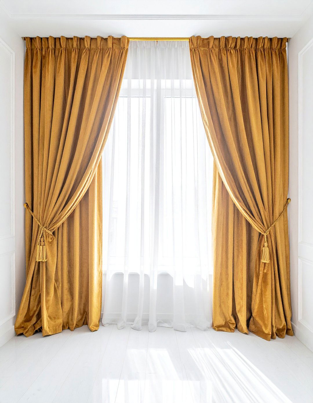 Velvet Gold Curtains on a White Wall - 25 White and Gold Bedroom Ideas for a Luxurious Look