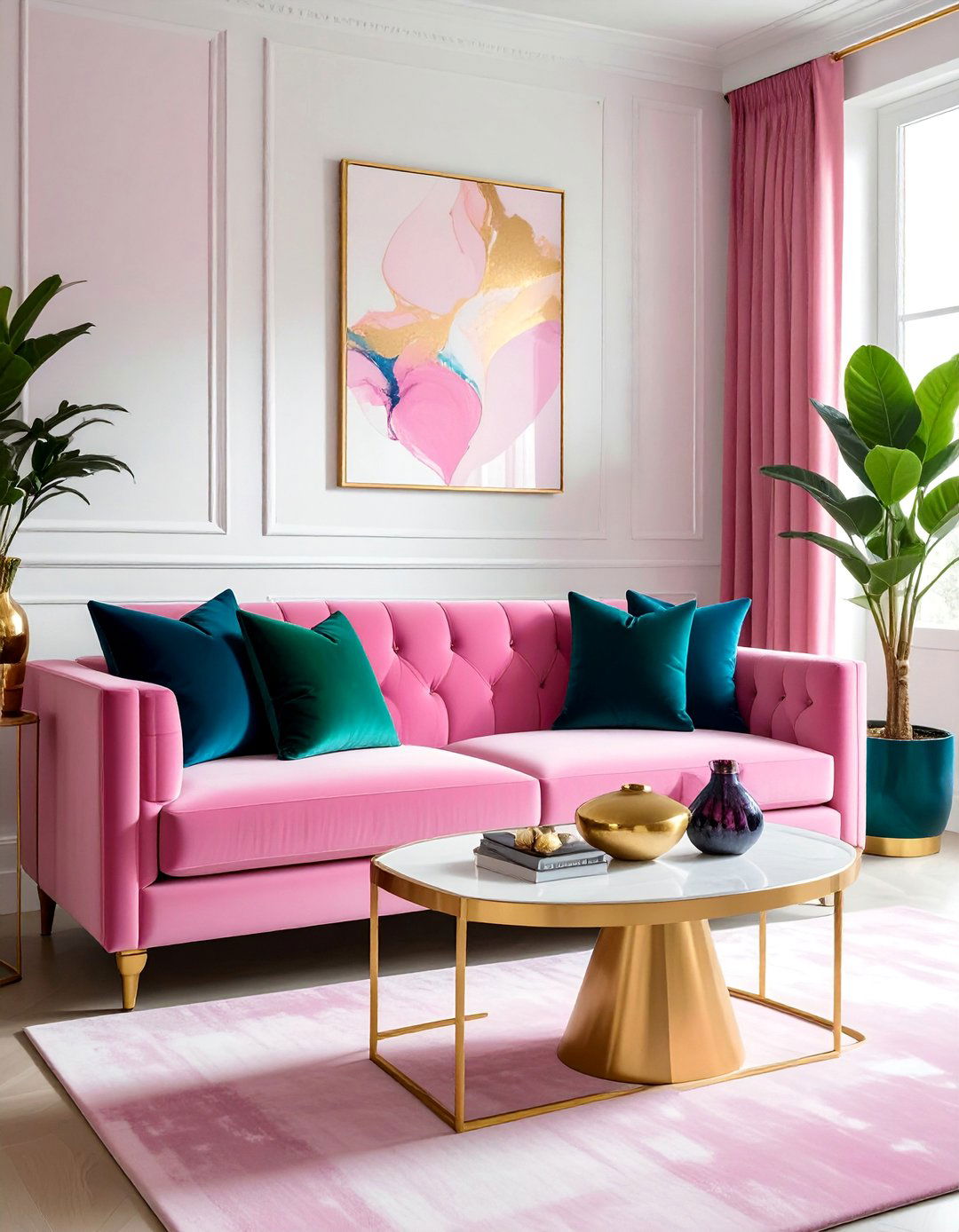 Velvet Pink Couch and Jewel Tones - 20 Pink Couch Living Room Ideas for a Bold Look