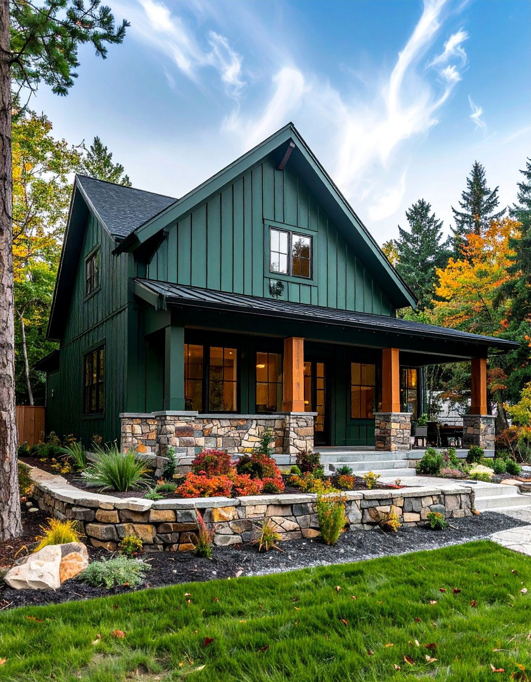 Vertical Board and Batten with Stone Veneer Base - 20 Two-tone Siding Designs to Boost Curb Appeal