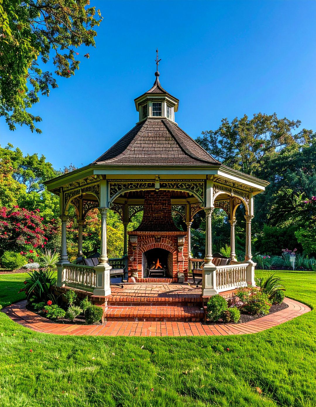 Victorian Style Gazebo with Ornate Brick Fireplace - 25 Gazebo With Fireplace Ideas for Cozy Outdoor Living