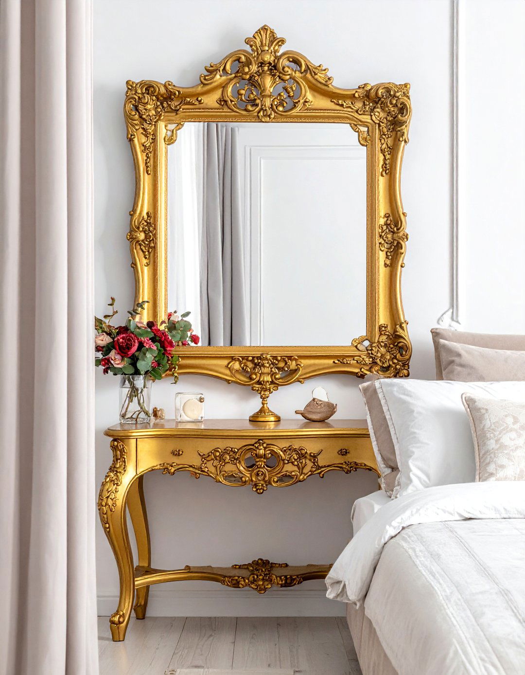 Vintage Ornate Gold Mirrors - 30 Mirror Behind Nightstand Ideas for Stylish Bedrooms