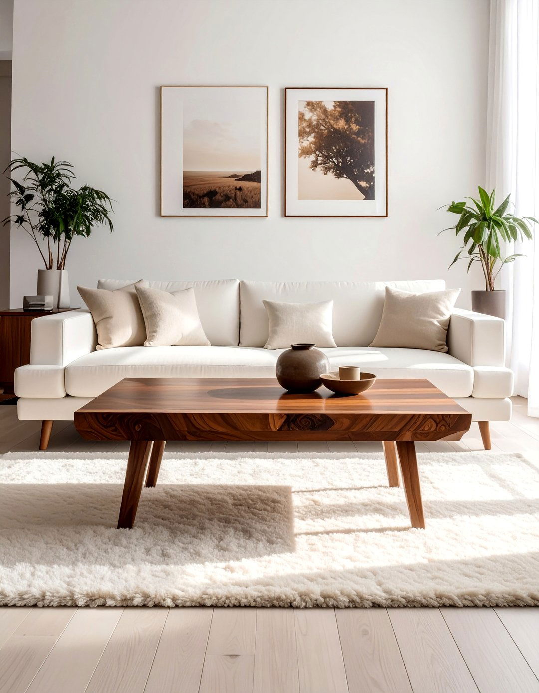 Walnut Wood Coffee Table as a Centerpiece - 30 Brown and White Living Room Ideas for a Warm Look