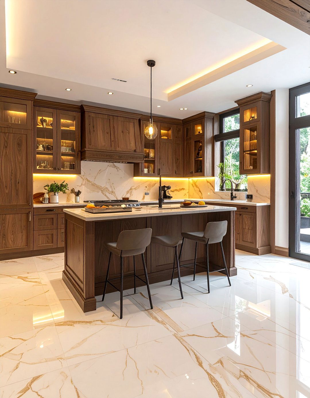 Warm Crema Marfil Marble Kitchen Floor - 20 Marble Kitchen Floor Ideas for Elegance