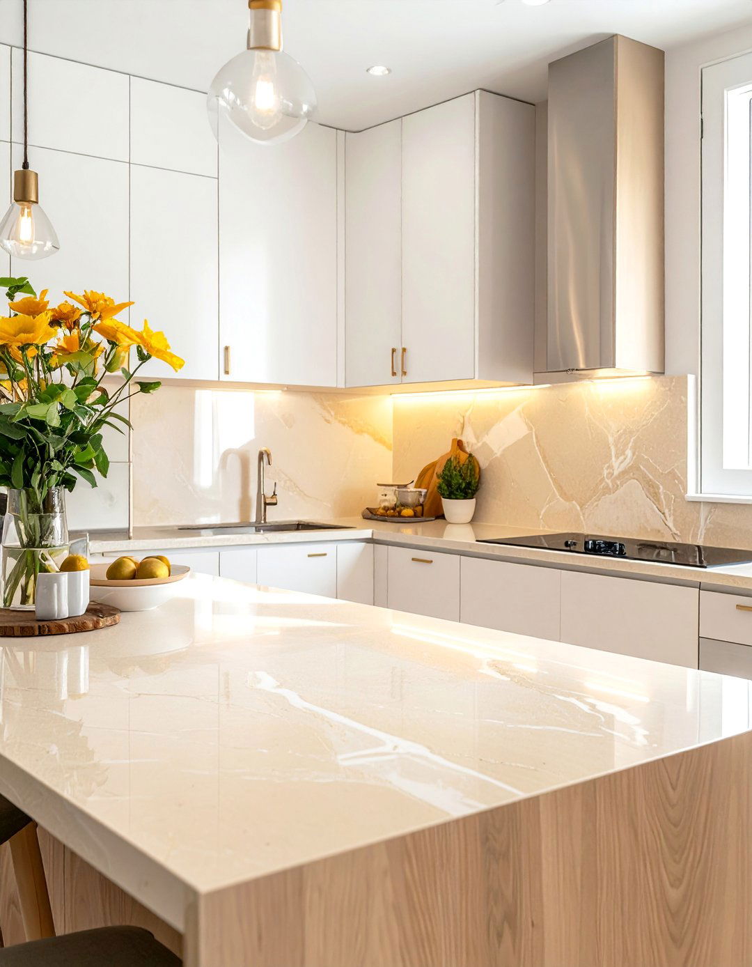 Warm Neutral Quartz Surfaces - 40 Kitchen Countertop Ideas for Modern Homes