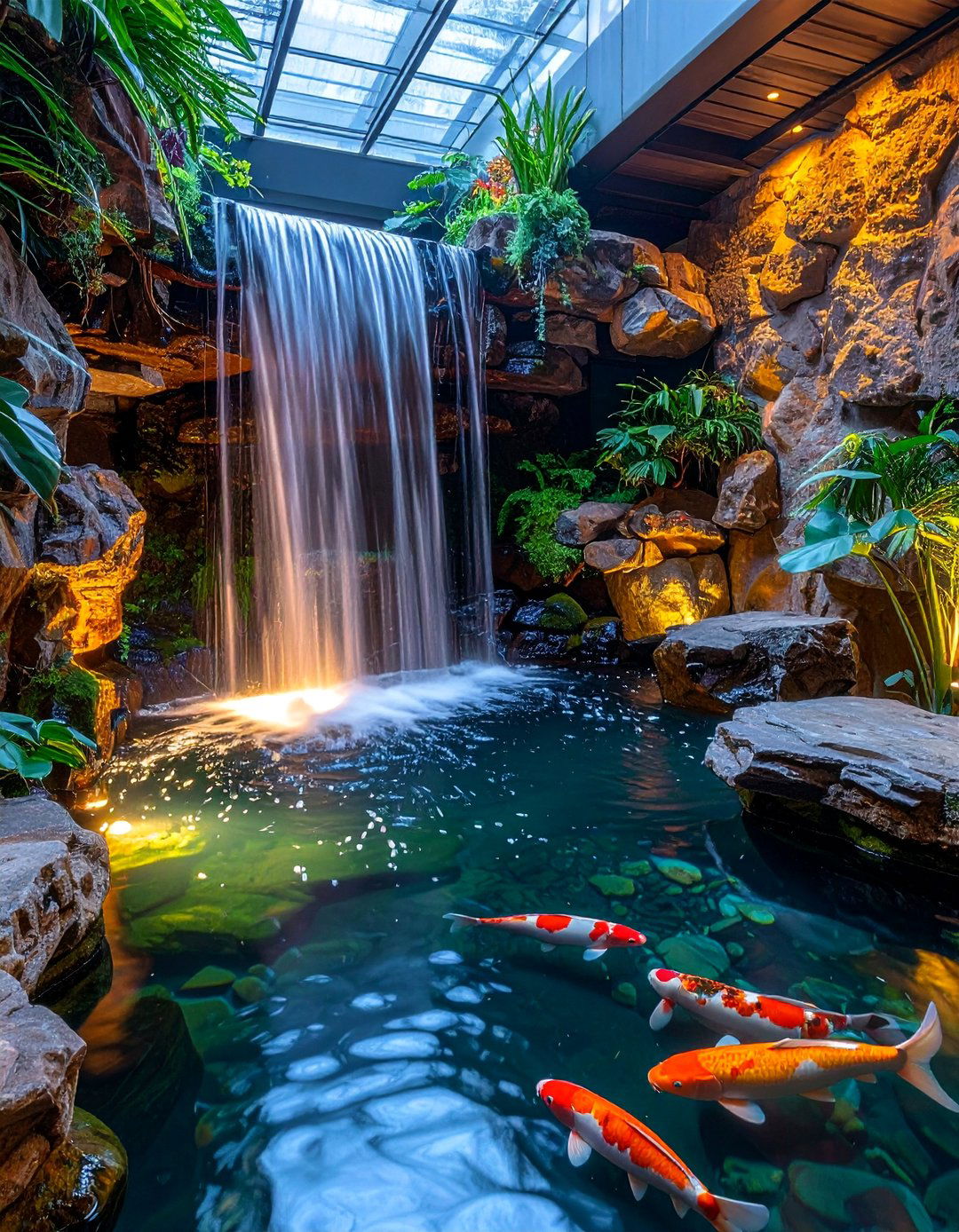 Waterfall Feature Koi Pond - 20 Indoor Koi Pond Ideas for a Tranquil Home Environment