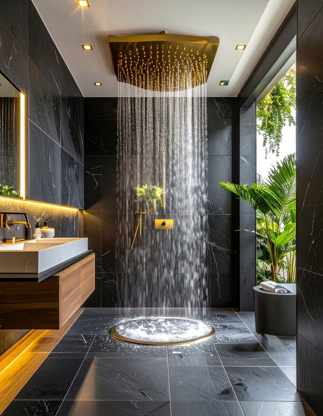 Waterfall Gold Shower Head in a Black Tiled Shower - 20 Black and Gold Bathroom Ideas for a Luxurious Feel