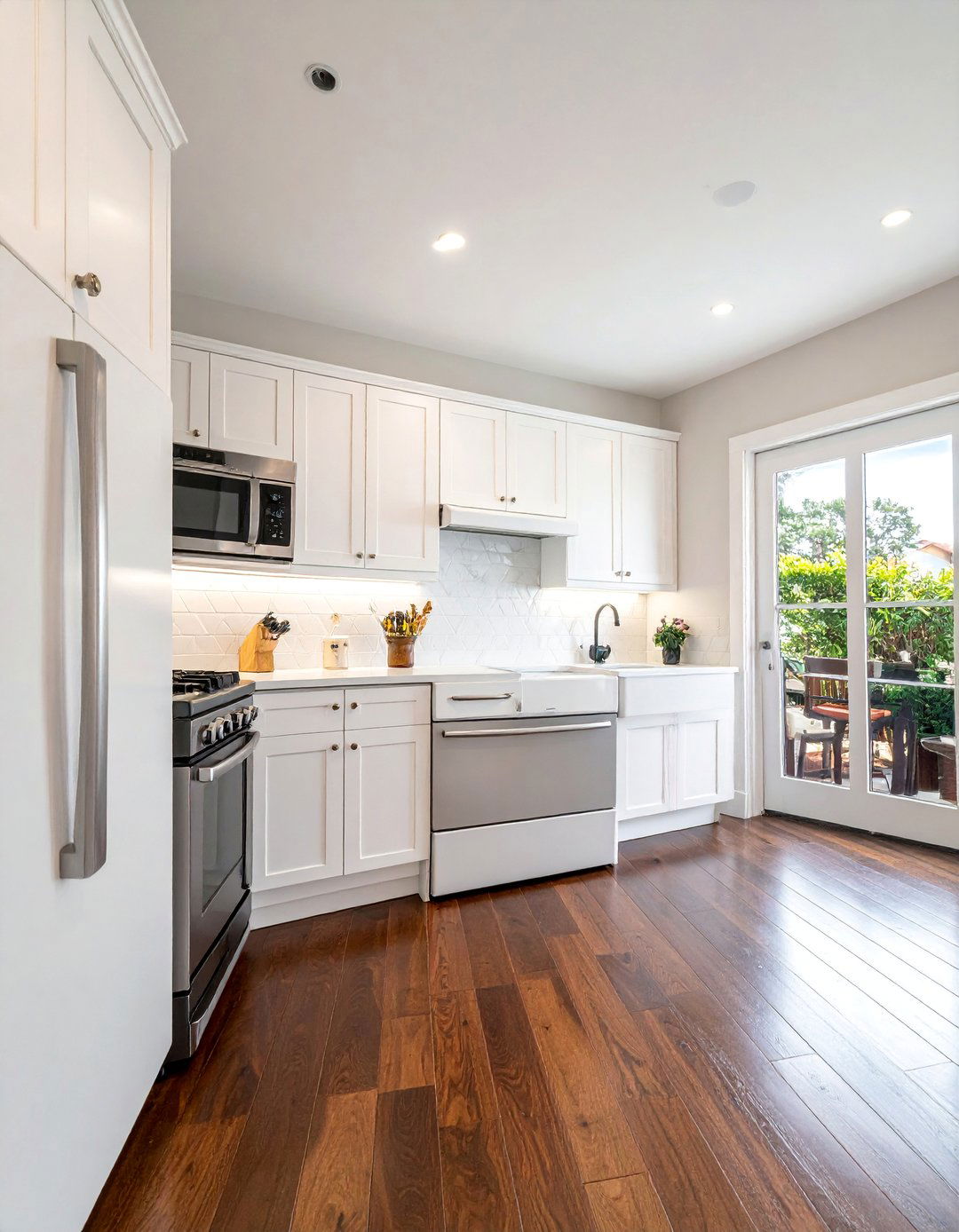 White Appliances with Dark Wood Floors - 40 Kitchen With White Appliances Ideas for a Clean Look