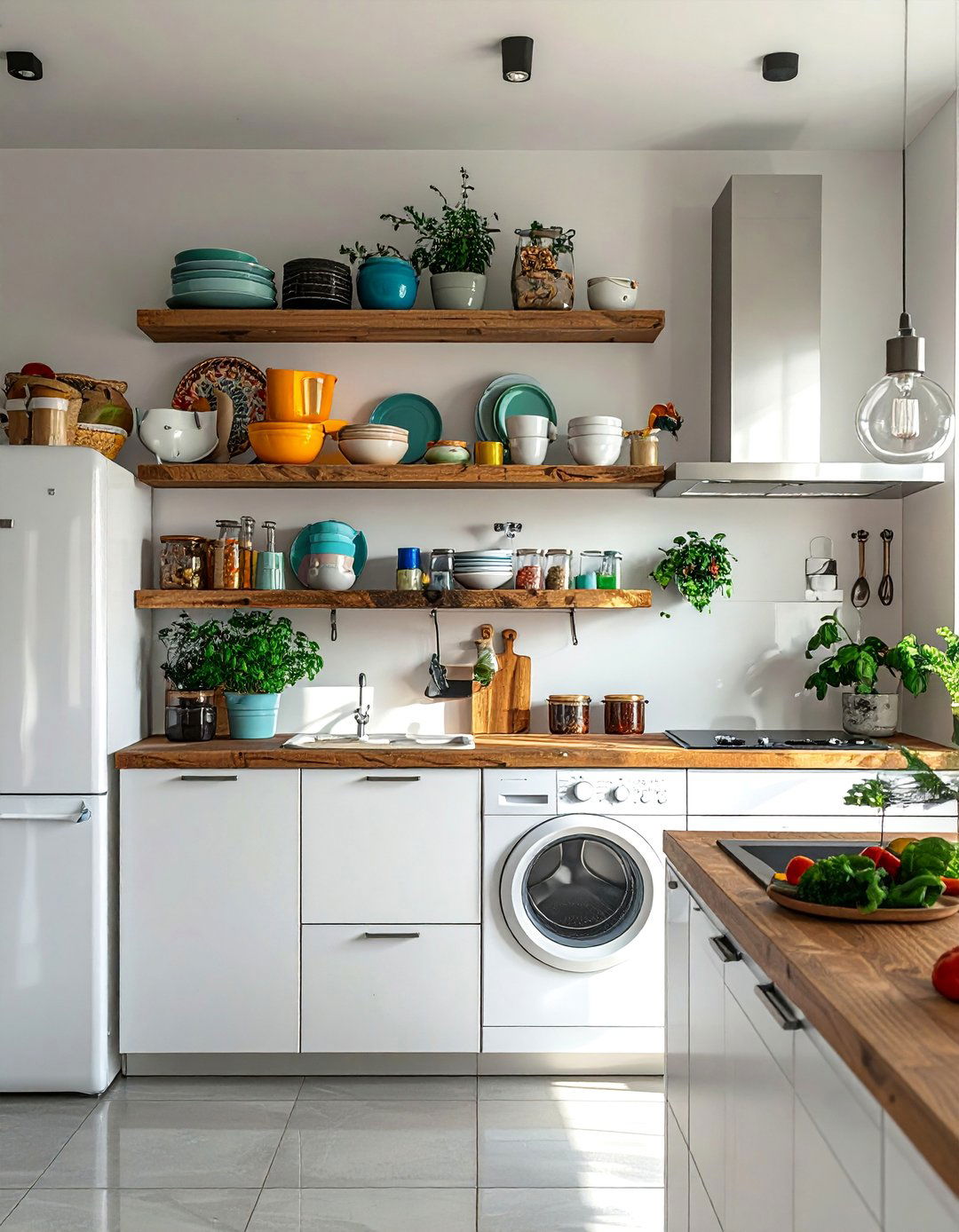 White Appliances with Floating Shelves - 40 Kitchen With White Appliances Ideas for a Clean Look
