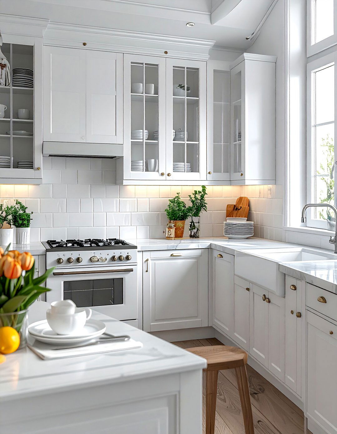 White Appliances with Glass Front Cabinets - 40 Kitchen With White Appliances Ideas for a Clean Look