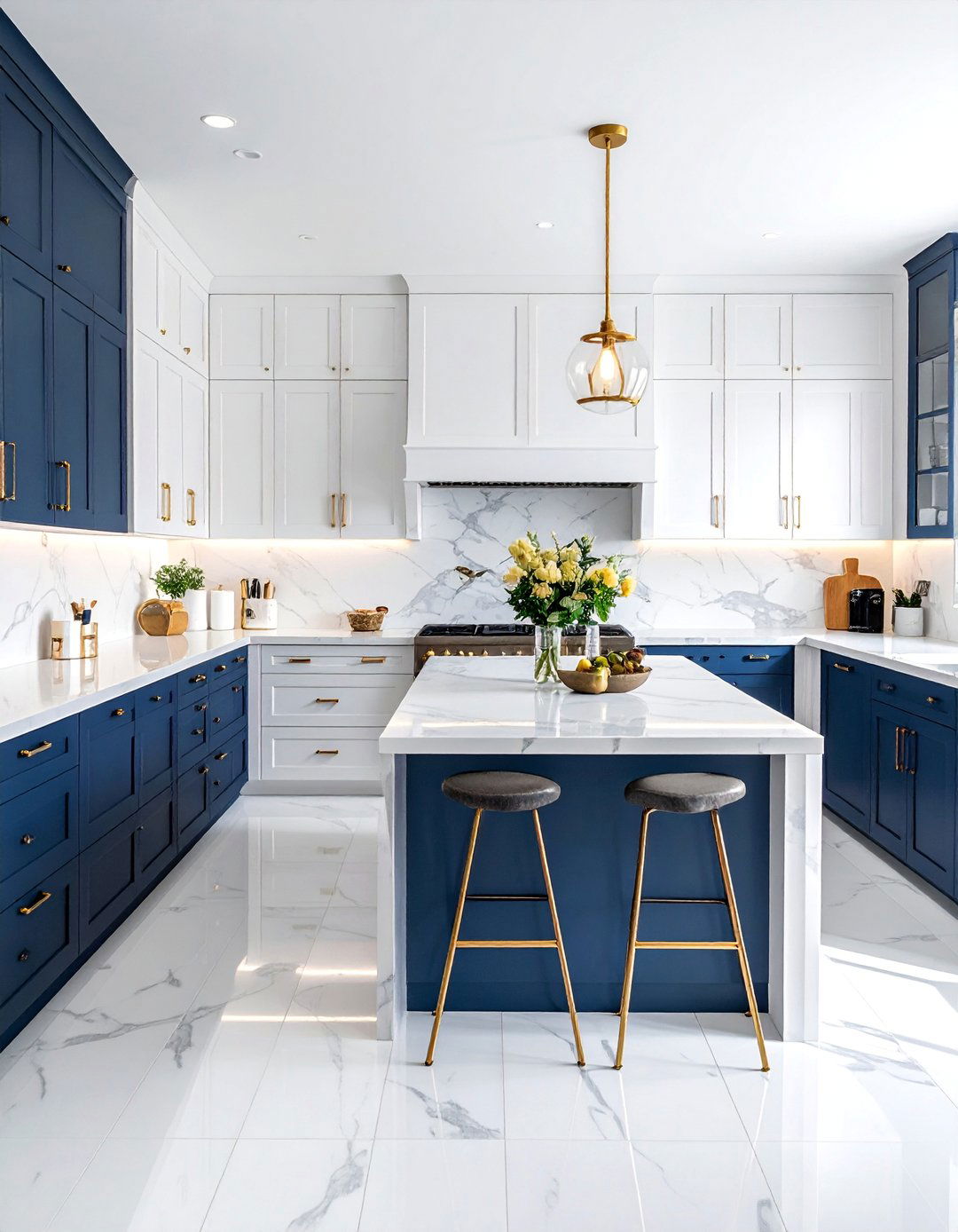White Appliances with Navy Blue Cabinets - 40 Kitchen With White Appliances Ideas for a Clean Look