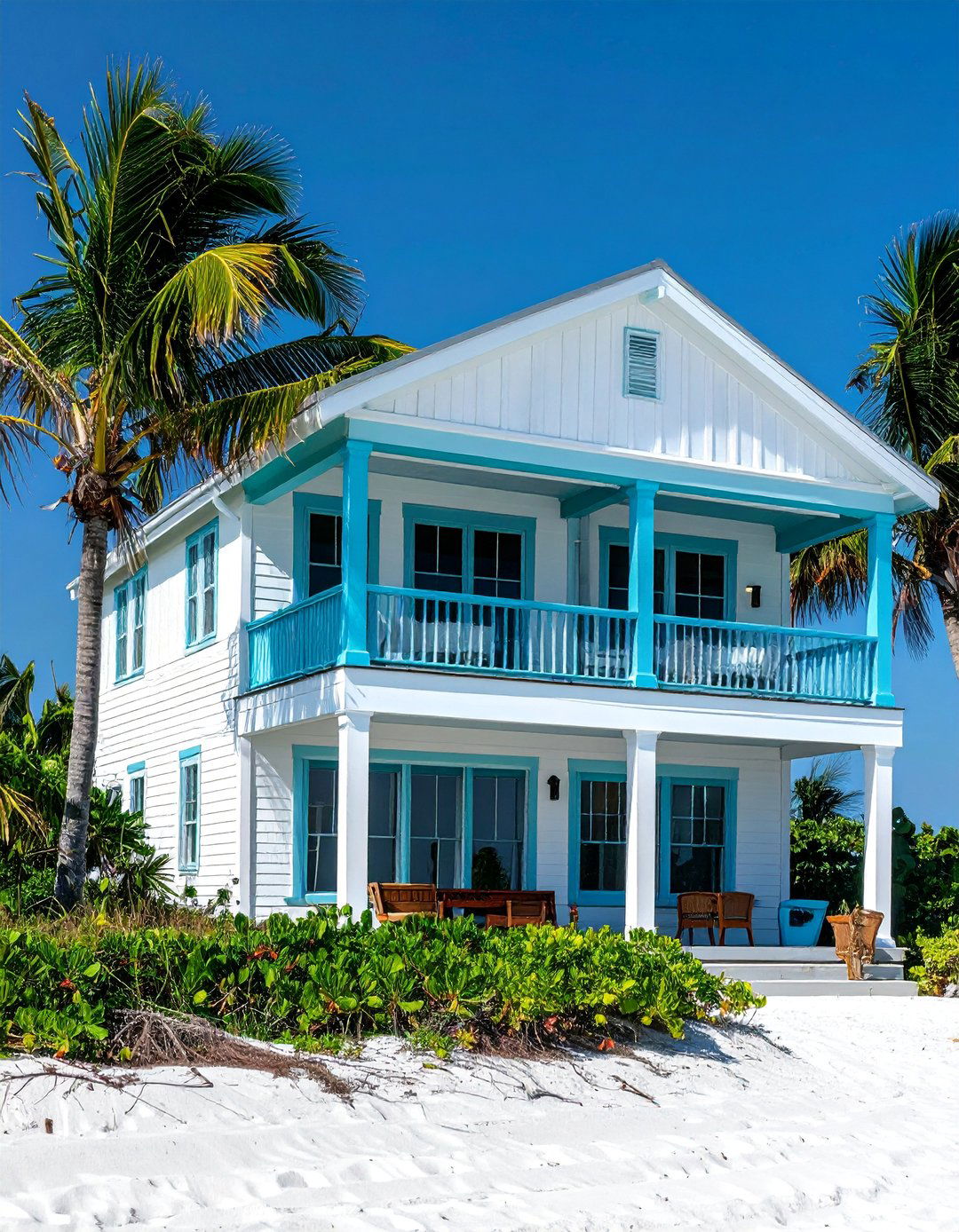 White Beach House with Tropical Turquoise Trim Details - 20 White House With Blue Trim Design Ideas for Curb Appeal