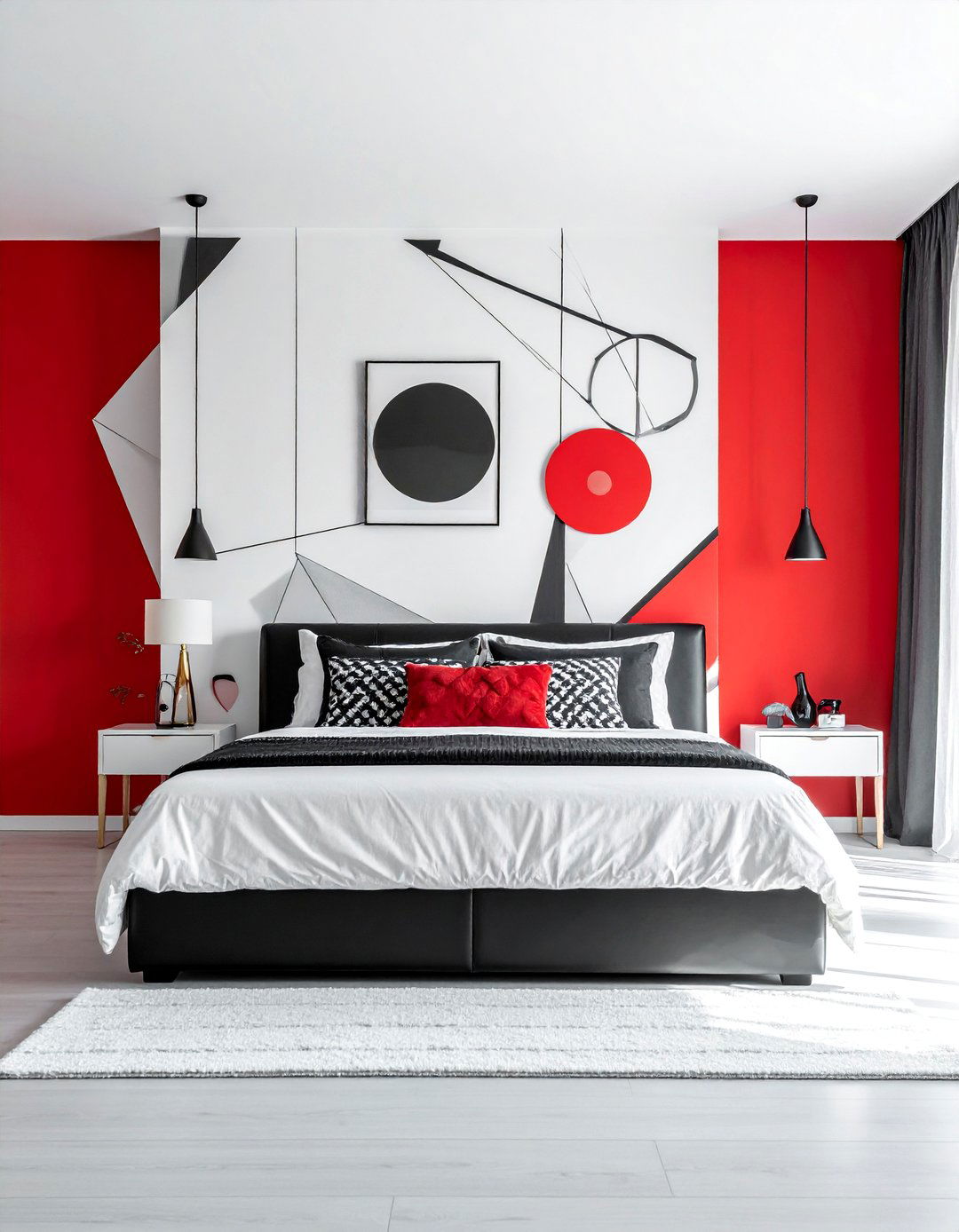 White Bedroom with Red and Black Graphic Decals - 25 Red, Black, and White Bedroom Ideas for Bold Style