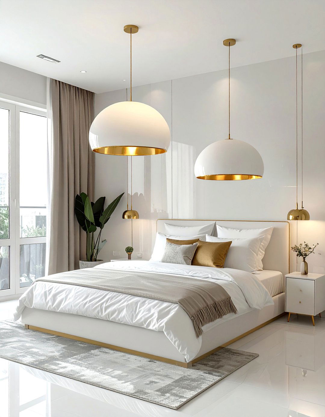 White Bedside Pendants with Gold Accents - 25 White and Gold Bedroom Ideas for a Luxurious Look