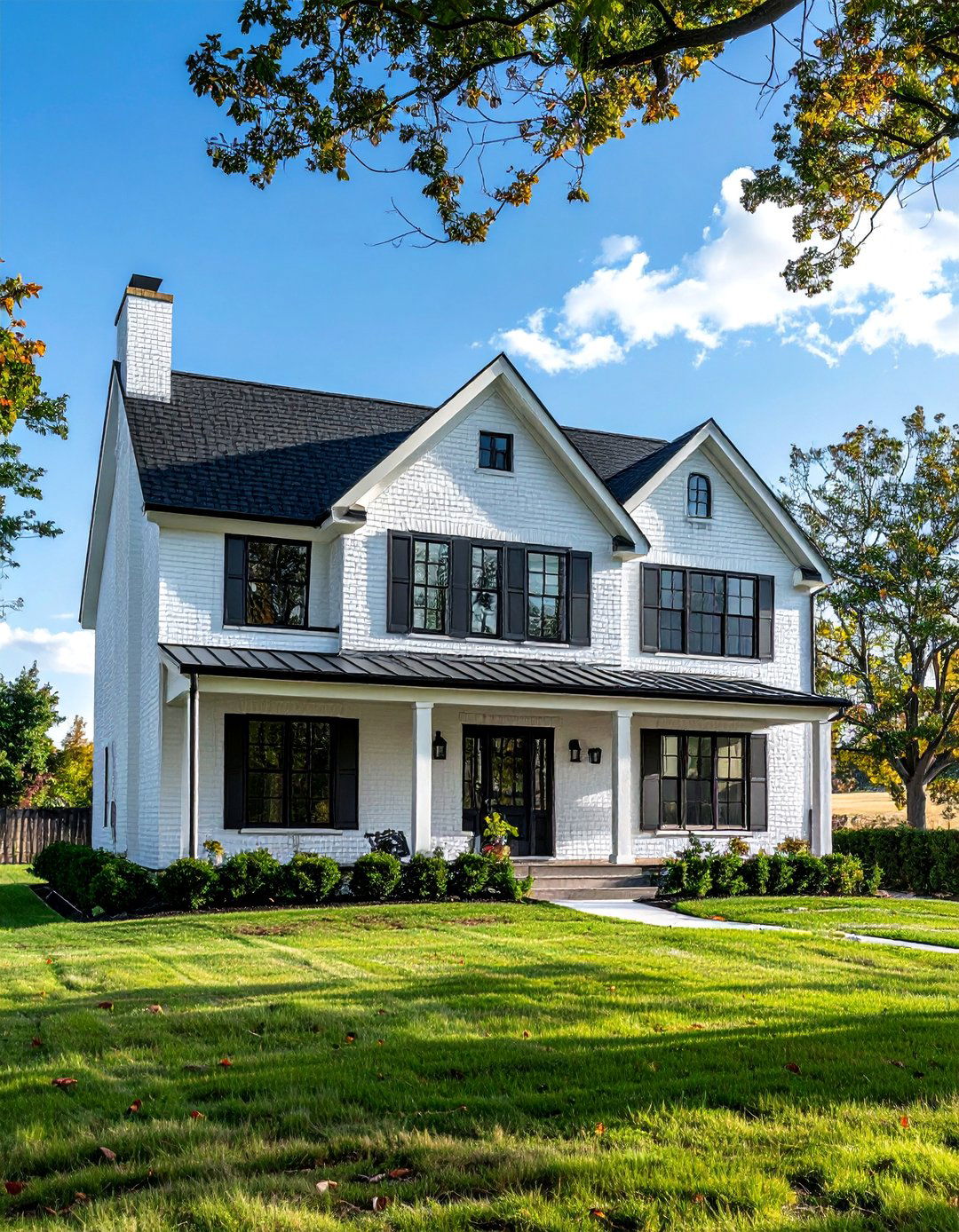 White Brick Farmhouse with Black Windows - 25 White Farmhouse With Black Windows Ideas