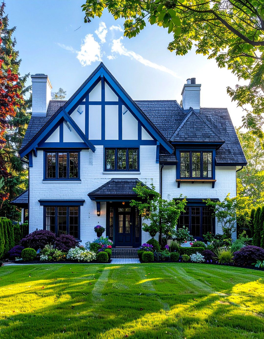 White Brick Tudor with Royal Blue Accents - 20 White House With Blue Trim Design Ideas for Curb Appeal