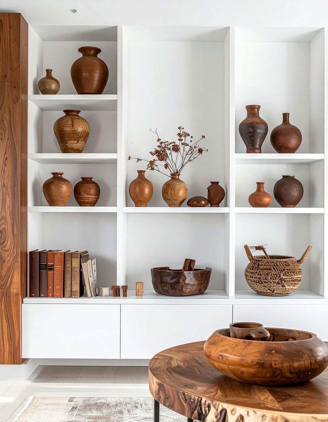 White Built In Shelving with Brown Decor - 30 Brown and White Living Room Ideas for a Warm Look