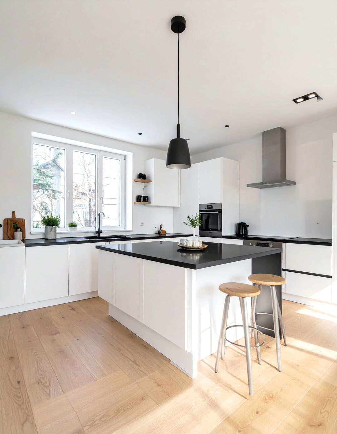 White Cabinets and Black Countertops with Light Wood Flooring - 40 White Kitchen Ideas with Black Countertops