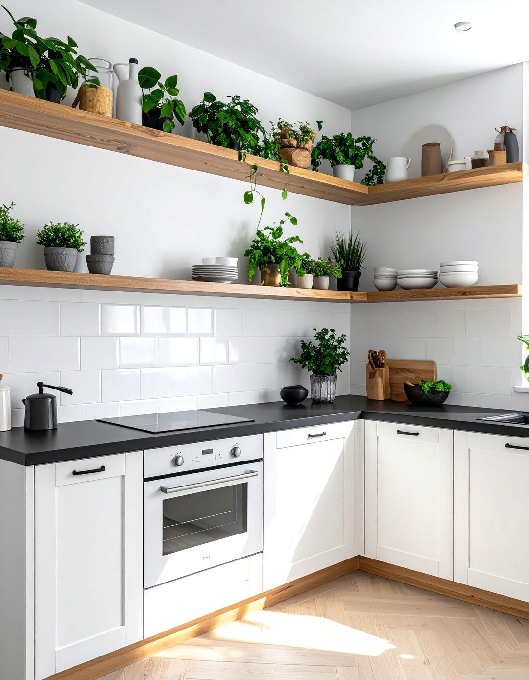 White Cabinets and Black Countertops with Natural Wood Accents - 40 White Kitchen Ideas with Black Countertops