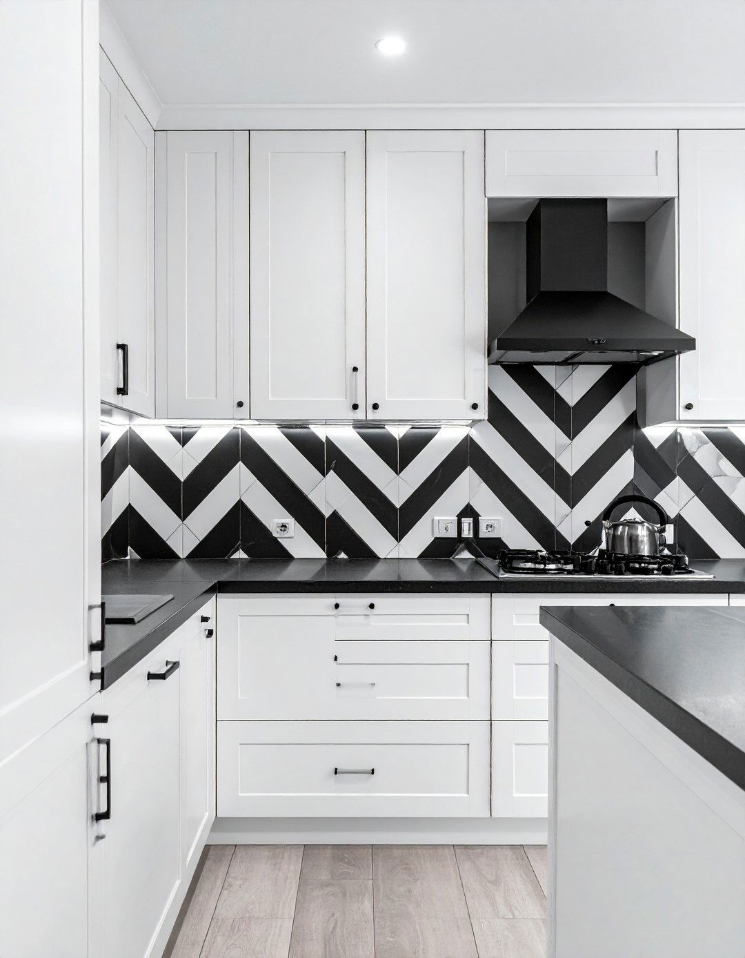 White Cabinets and Black Countertops with a Patterned Backsplash - 40 White Kitchen Ideas with Black Countertops