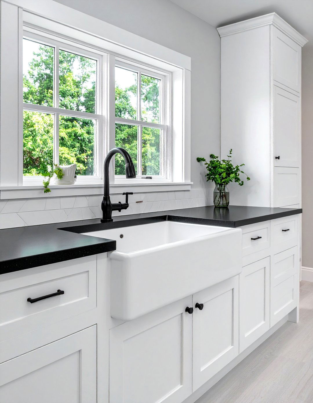White Cabinets and Black Countertops with a White Farmhouse Sink - 40 White Kitchen Ideas with Black Countertops