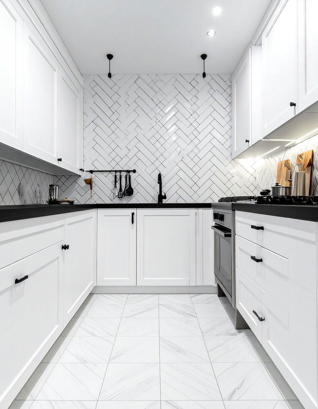 White Cabinets and Black Countertops with a White Subway Tile Backsplash - 40 White Kitchen Ideas with Black Countertops