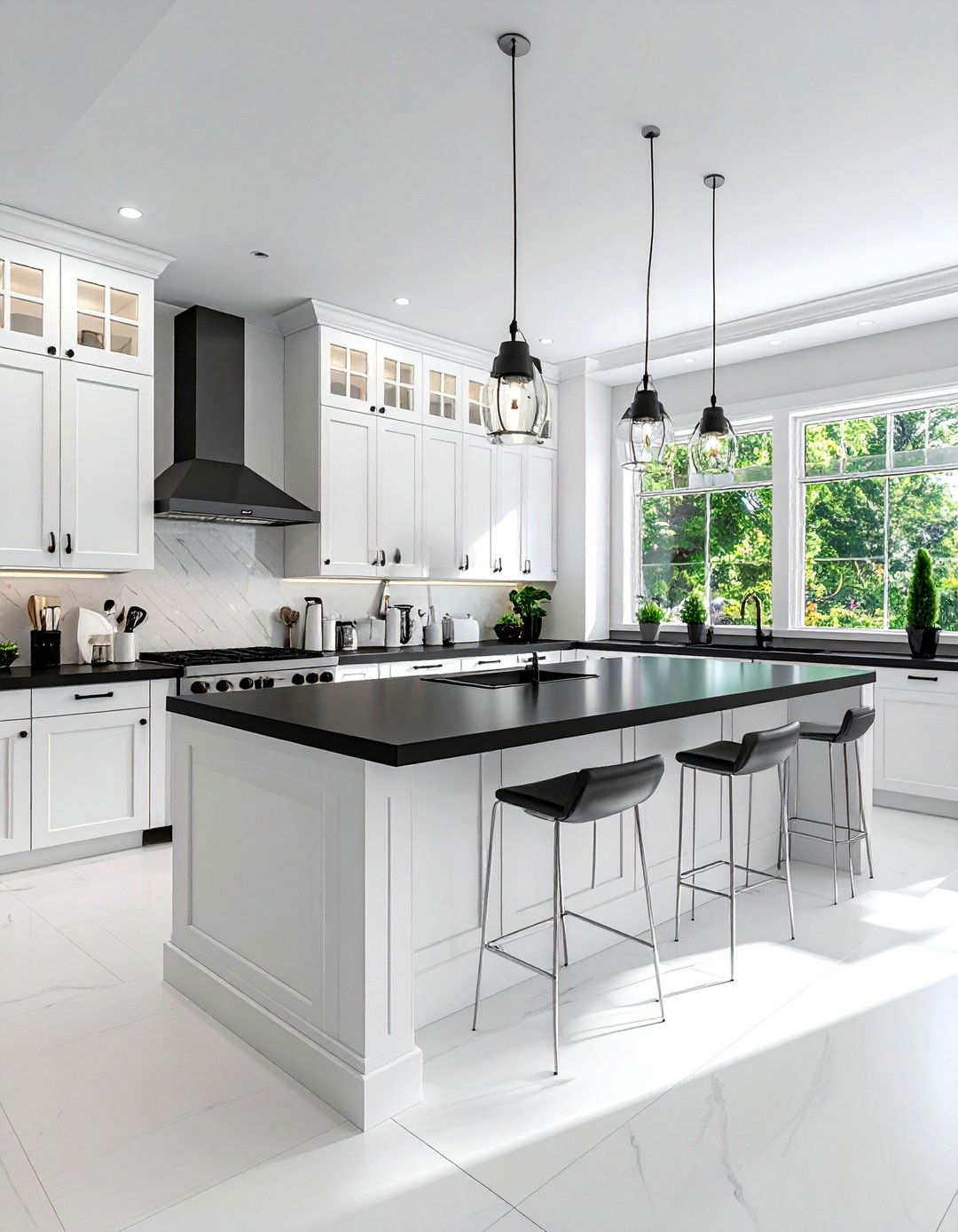 White Cabinets to the Ceiling with Black Countertops - 40 White Kitchen Ideas with Black Countertops