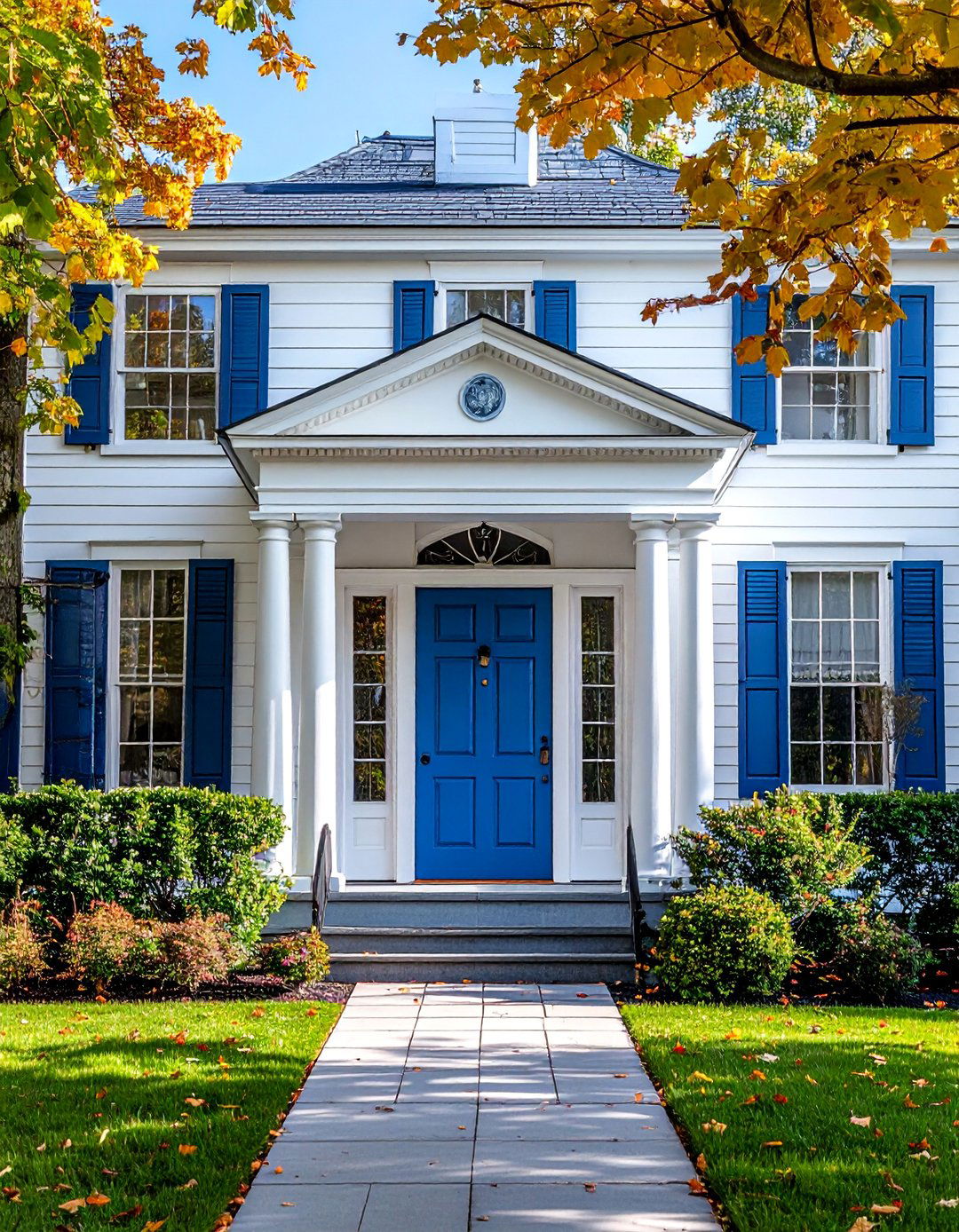 White Colonial House with Classic Wedgwood Blue Door - 20 White House With Blue Trim Design Ideas for Curb Appeal