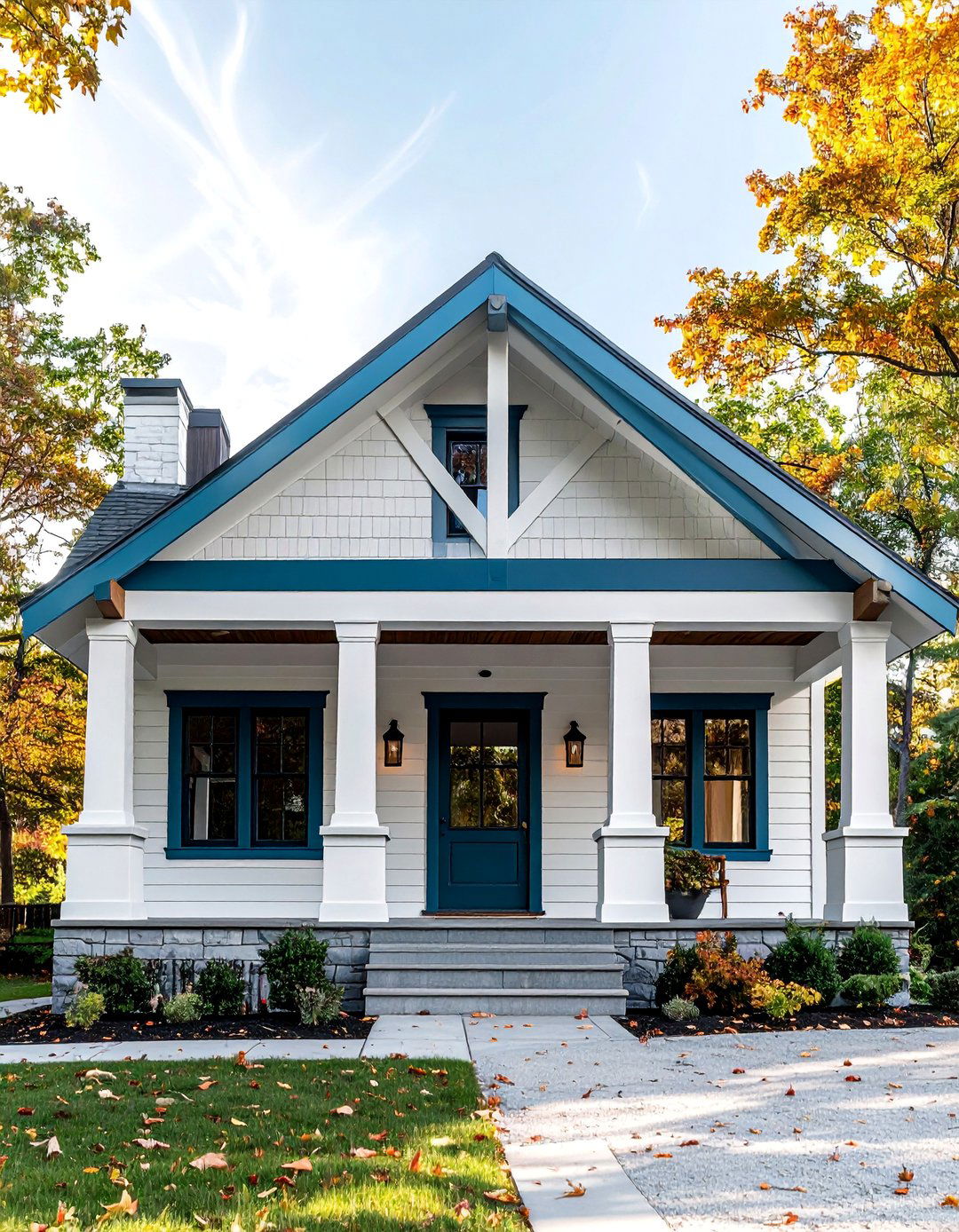 White Craftsman Bungalow with Deep Teal Blue Trim - 20 White House With Blue Trim Design Ideas for Curb Appeal