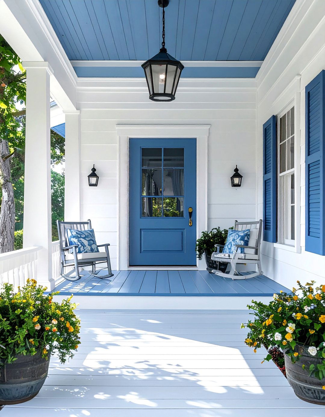 White Exterior with a Subtle Blue Gray Porch Ceiling - 20 White House With Blue Trim Design Ideas for Curb Appeal