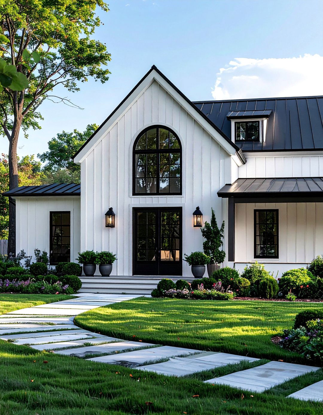 White Farmhouse with Black Arched Windows - 25 White Farmhouse With Black Windows Ideas