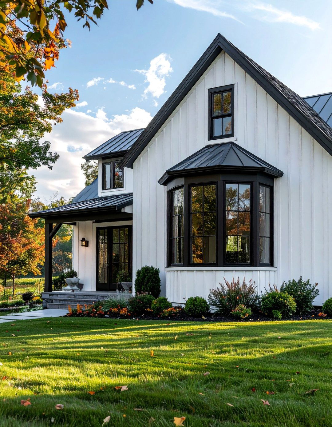 White Farmhouse with Black Bay Windows - 25 White Farmhouse With Black Windows Ideas