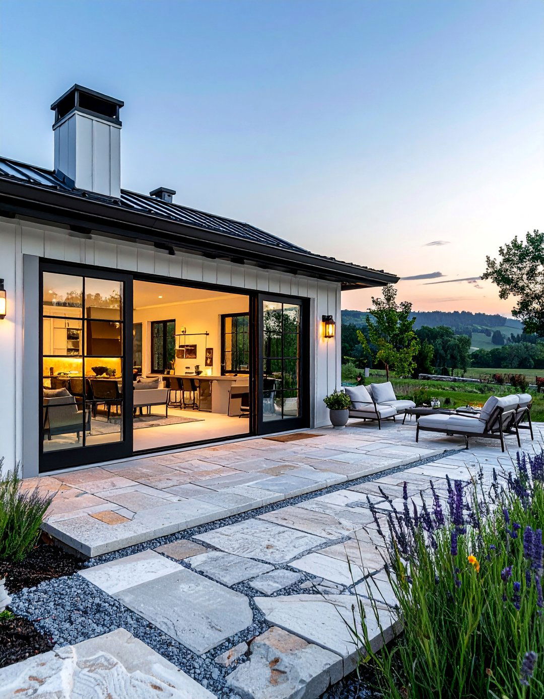 White Farmhouse with Black Sliding Glass Doors - 25 White Farmhouse With Black Windows Ideas