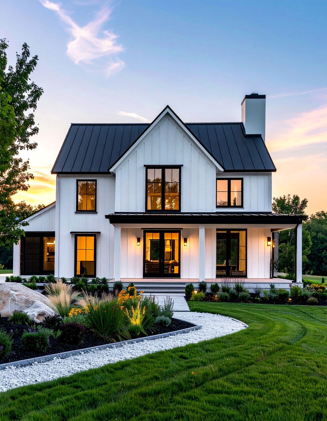 White Farmhouse with Minimalist Black Window Frames - 25 White Farmhouse With Black Windows Ideas