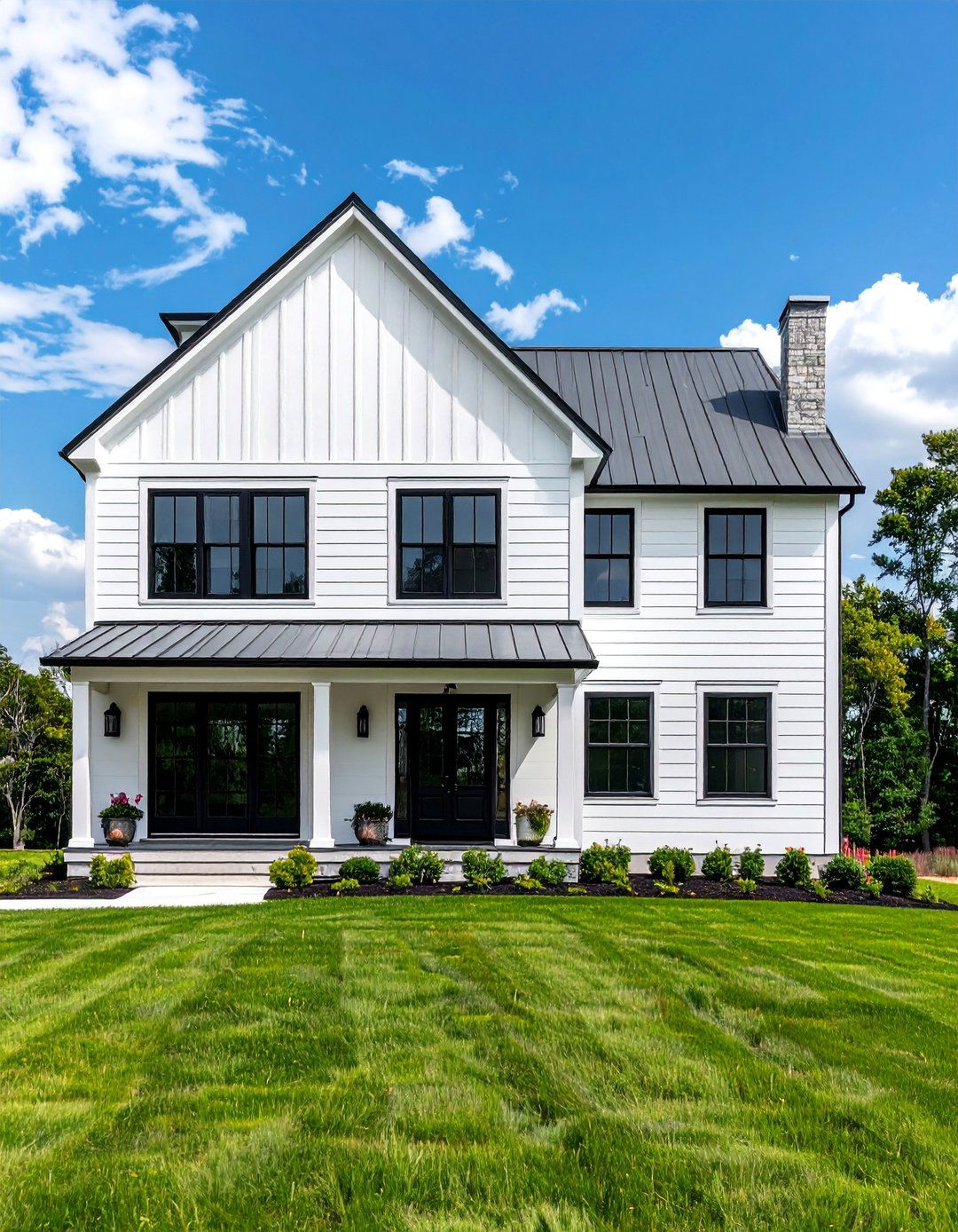 White Farmhouse with Mixed Siding and Black Windows - 25 White Farmhouse With Black Windows Ideas
