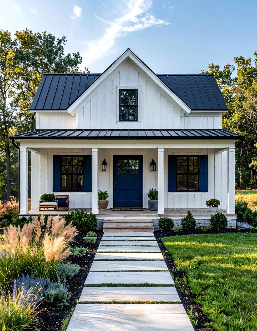 White Farmhouse with Navy Blue Shutters