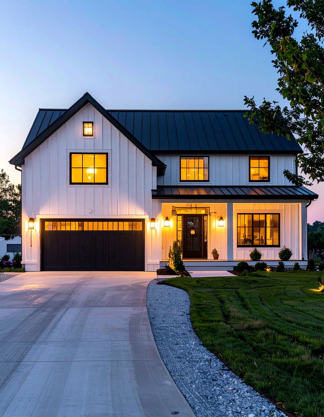 White Farmhouse with Outdoor Gooseneck Lighting and Black Windows - 25 White Farmhouse With Black Windows Ideas