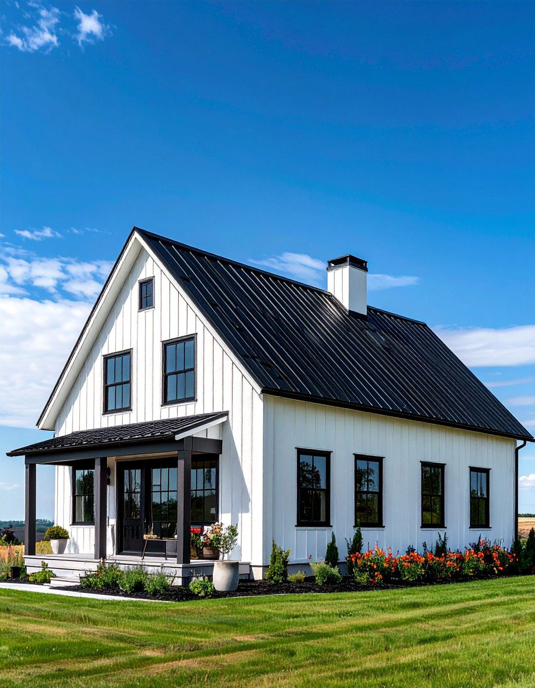 White Farmhouse with a Black Metal Roof and Windows - 25 White Farmhouse With Black Windows Ideas