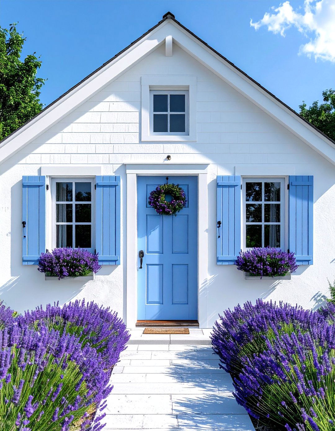 White Farmhouse with a French Blue Door and Window Boxes - 20 White House With Blue Trim Design Ideas for Curb Appeal