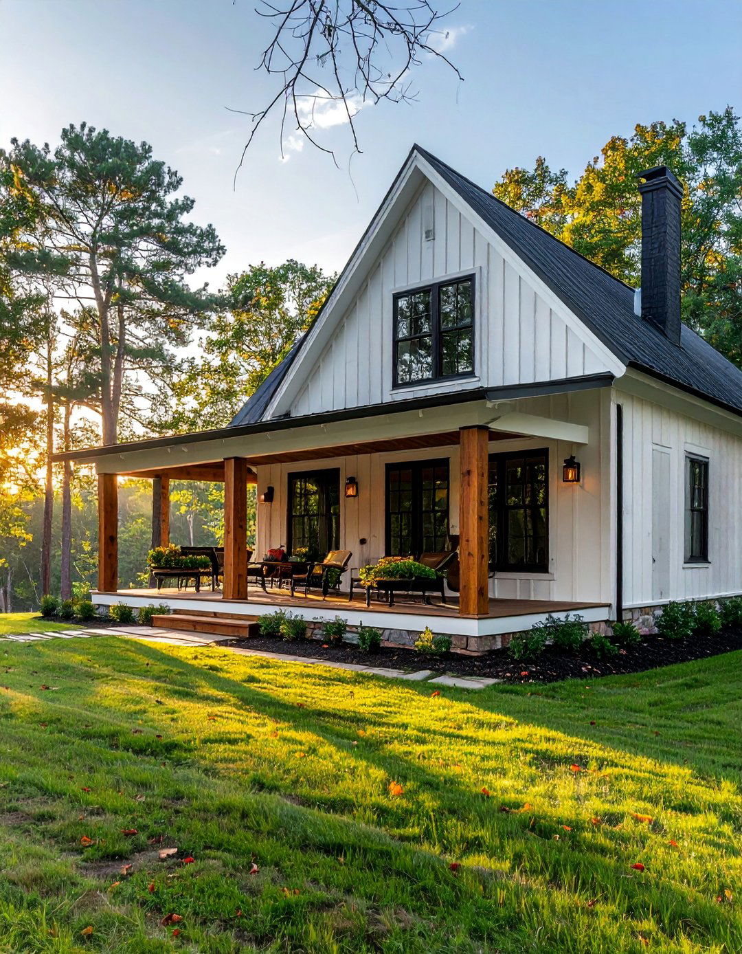 White Farmhouse with a Natural Wood Porch and Black Windows - 25 White Farmhouse With Black Windows Ideas