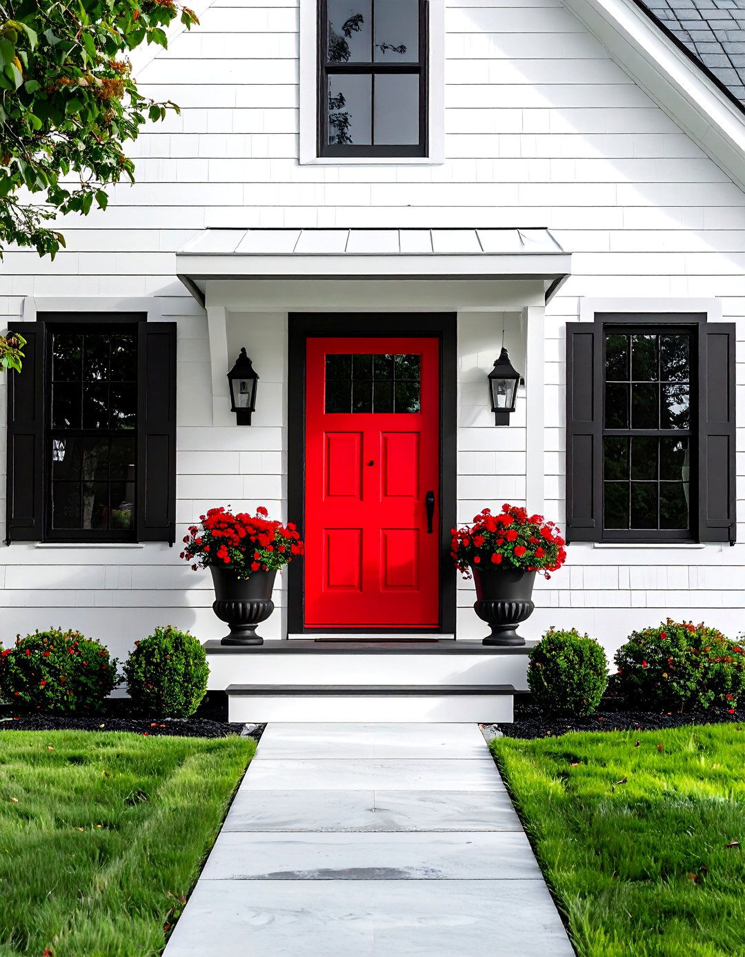 White Farmhouse with a Pop of Color on the Front Door - 25 White Farmhouse With Black Windows Ideas