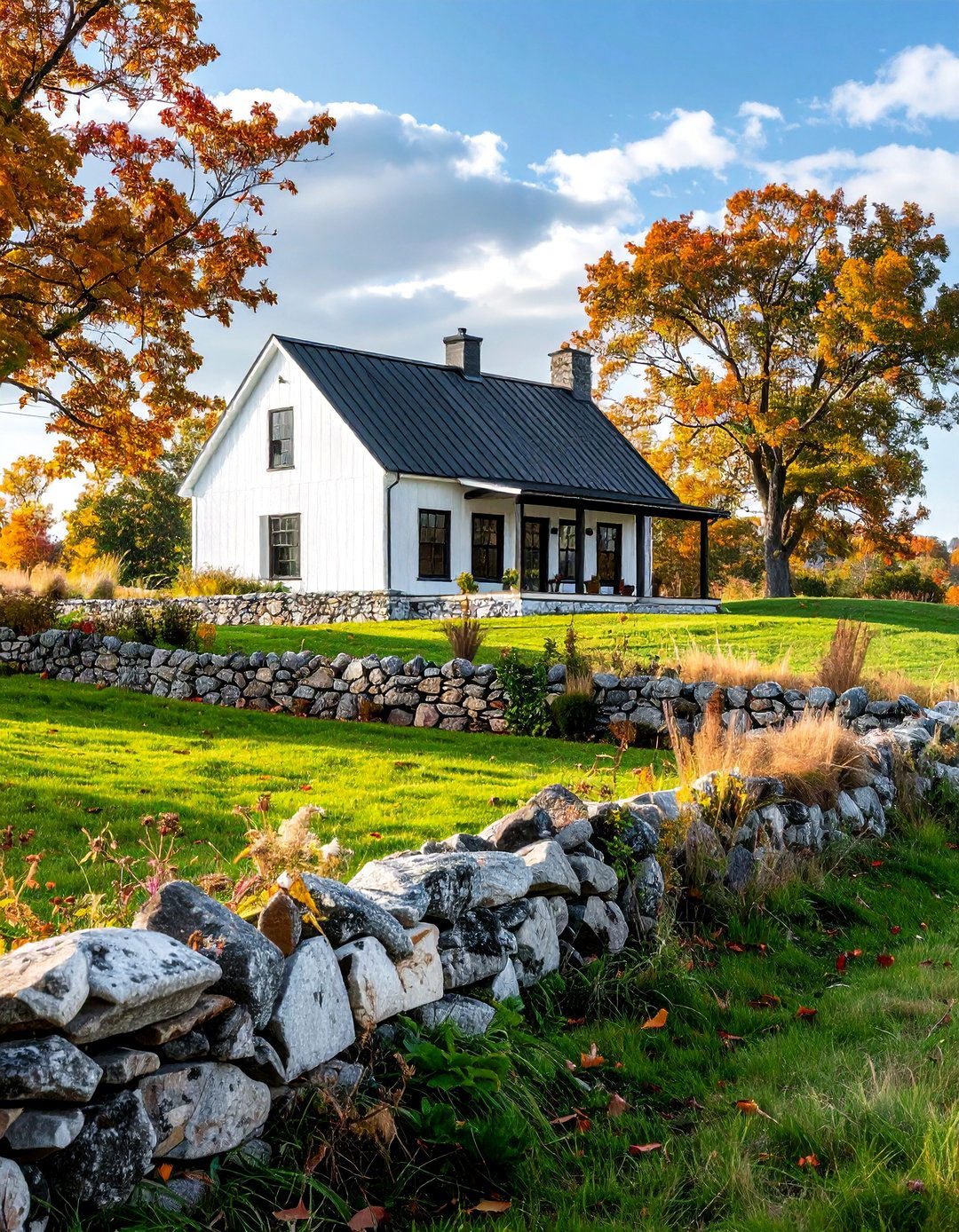 White Farmhouse with a Stone Foundation and Black Windows - 25 White Farmhouse With Black Windows Ideas