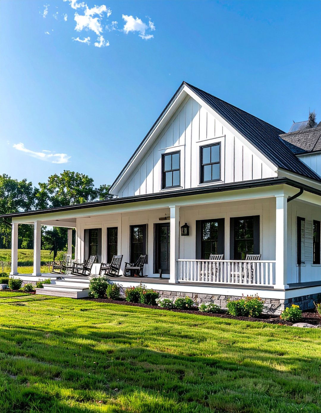 White Farmhouse with a Wraparound Porch and Black Windows - 25 White Farmhouse With Black Windows Ideas