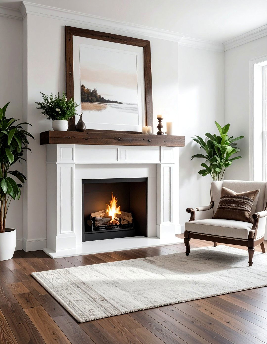 White Fireplace with a Dark Brown Mantel - 30 Brown and White Living Room Ideas for a Warm Look