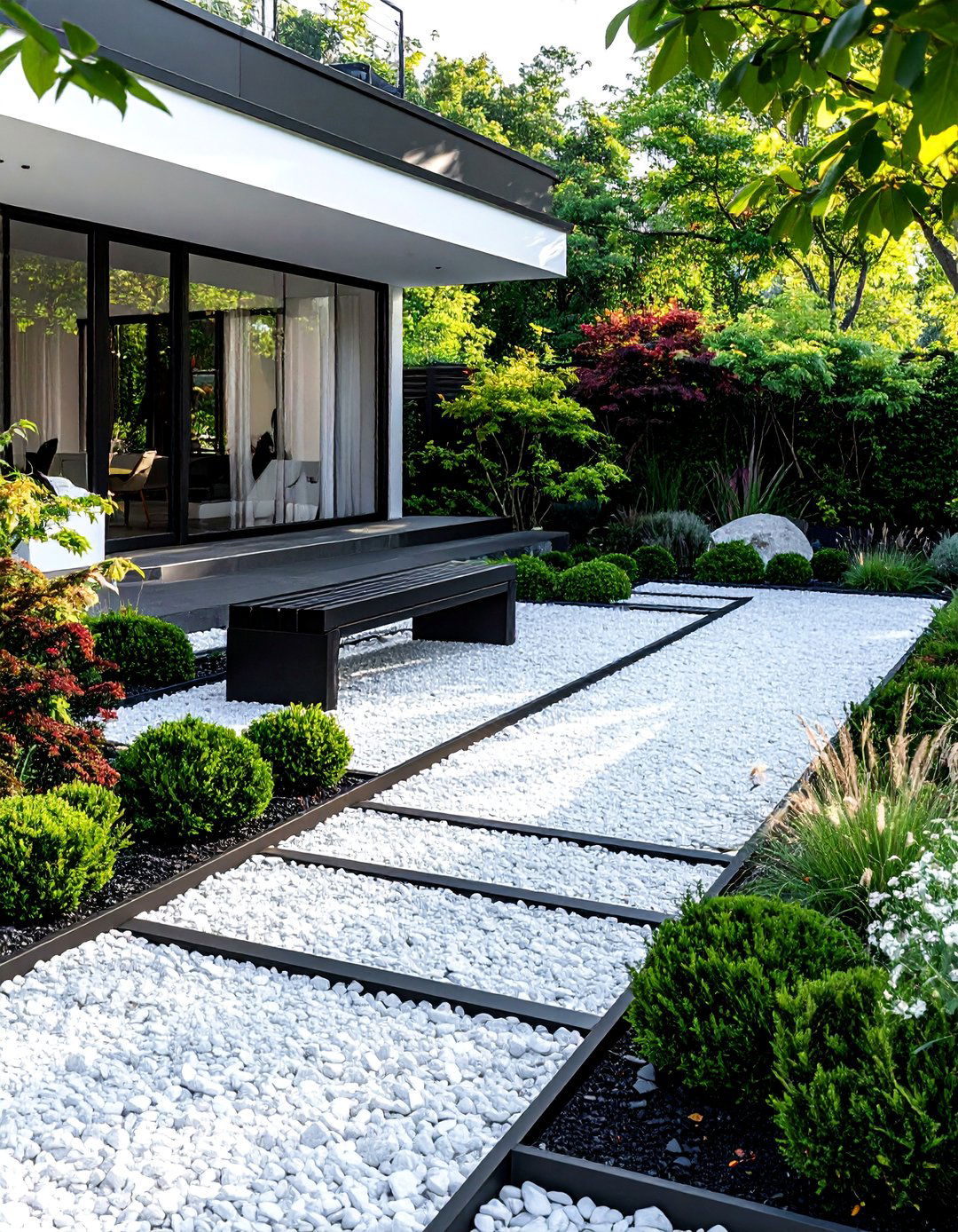 White Gravel Patio with Black Edging - 20 Black and White Patio Ideas for Stylish Outdoor Spaces