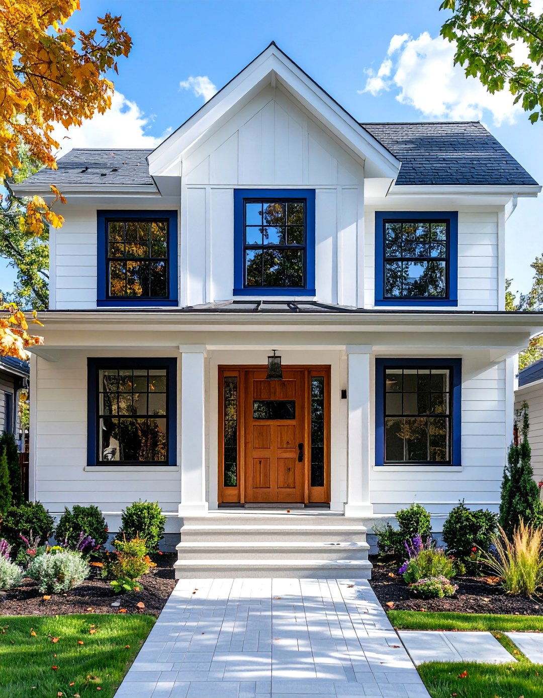 White House with Indigo Blue Trim and Wood Accents - 20 White House With Blue Trim Design Ideas for Curb Appeal